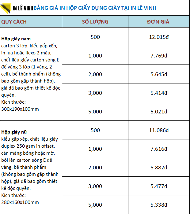 in hộp giấy đựng giày